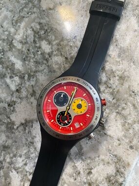 Ferrari Red Dial Watch with Yellow and Black Subdials